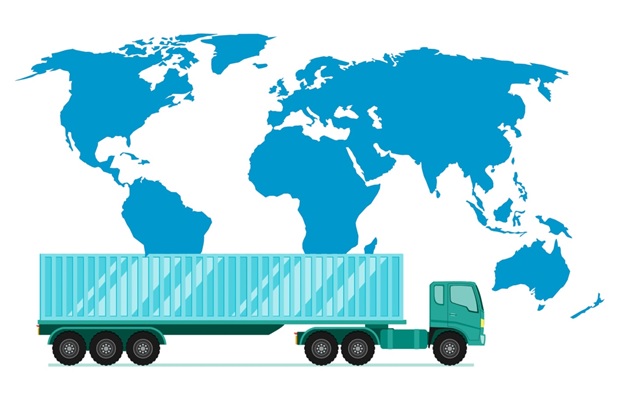 world map and truck showing International shipping