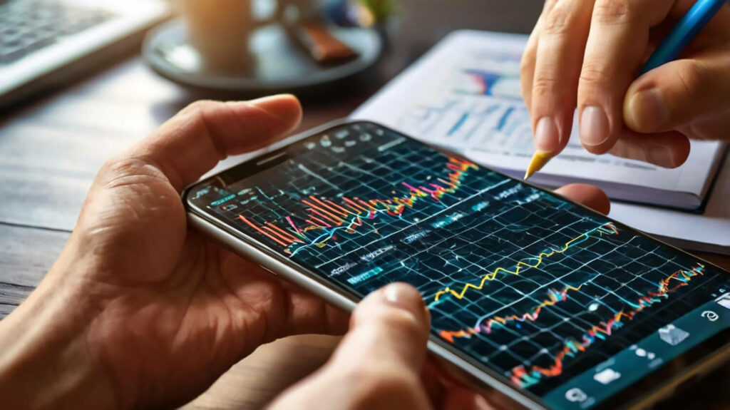 holding mobile phone shows stock market graphs