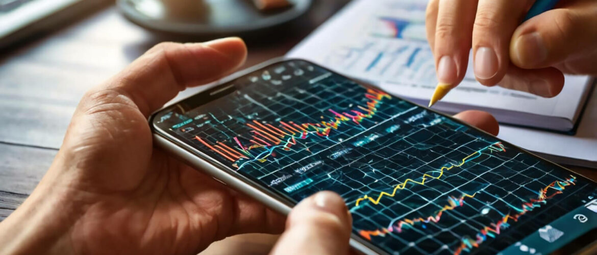 holding mobile phone shows stock market graphs