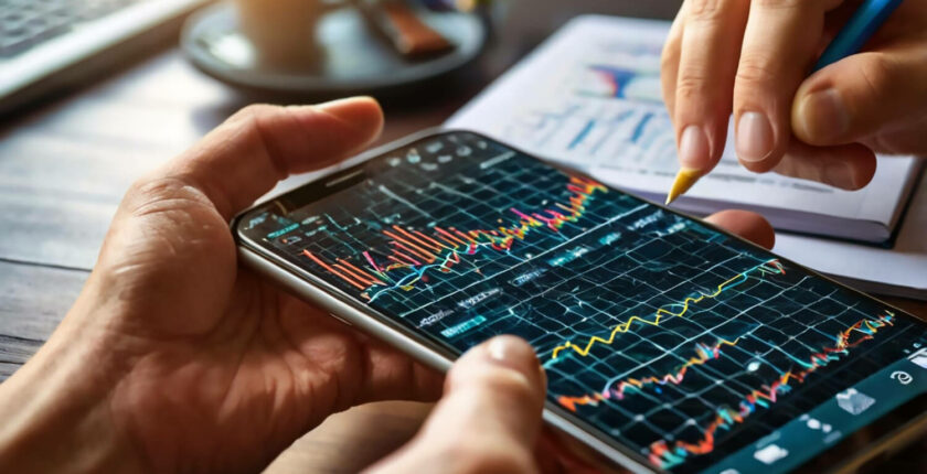 holding mobile phone shows stock market graphs