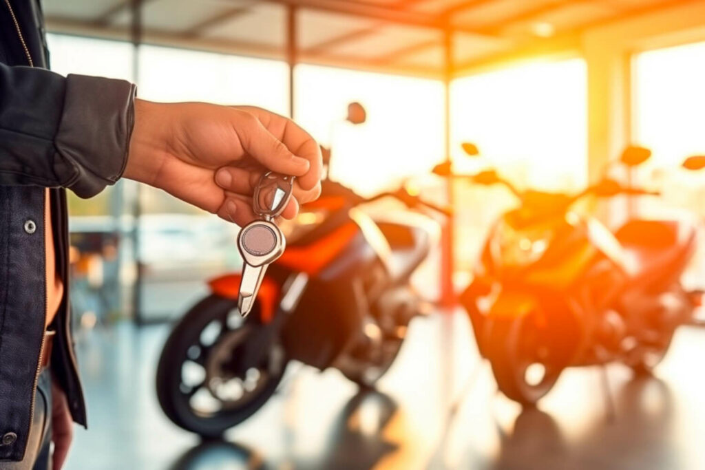 man with keys in a bike showroom